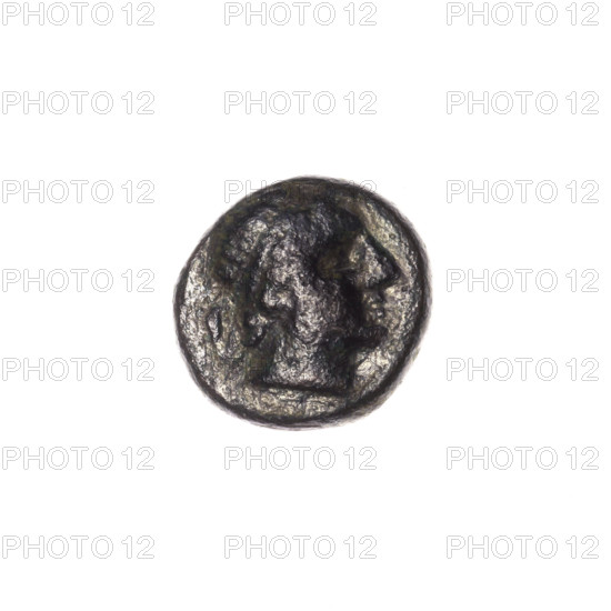 bronze coin, Pantikapaion; obverse: head of Apollo to the right; reverse: bow in a gorythos to the left, inscription below; iconography: bow in a quiver, head of Apollo, Apollo (mythology), bows, weapons, armament, gorythos, quivers; dating: 1st half 2nd - ca. 2nd century BC; region: Cimmerian Bosporus, Pantikapaion; coin; weight 1.62 g; axis 150°; dimensions: 11.2 × 11.4 mm