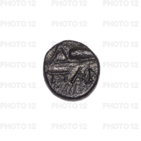 bronze coin, Pantikapaion; aw: head of Apollo to the right; rw: bow in a gorythos to the left, inscription below it; iconography: head of Apollo, bow in a quiver/gorythos, bows, weapons, armament, quivers; Apollo (mythology); 1st half 2nd - ca. 2nd century BC; Cimmerian Bosporus, Pantikapaion; coin; weight 1.62 g; axis 150°; dimensions 11.2 × 11.4 mm