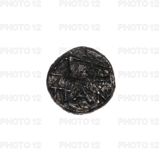 bronze coin, Pantikapaion; obverse: head of Apollo to the right; reverse: bow in gorythos to the left, inscription below; iconography: bow in quiver, head of Apollo; motifs: Apollo (mythology), bows, weapons, armament, gorythos, quivers; date: 1st half 2nd — ca. half 2nd century BC; region: Cimmerian Bosporus, Pantikapaion; material: bronze; object type: coin; weight: 1.42 g; dimensions: 11.2 mm × 11.7 mm