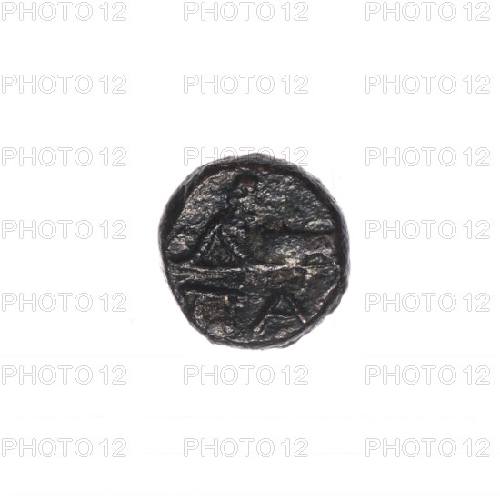 Bronze coin, Pantikapaion; obverse: head of Apollo to the right; reverse: bow in gorythos to the left, inscription below; iconography: bow in quiver, head of Apollo, bows, weapons, armament, gorythos, quivers; date: 1st half 2nd – ca. half 2nd century BC; region: Cimmerian Bosporus, Pantikapaion; maker: Pantikapaion; function: coin; weight: 1.37 g; axis: 270°; dimensions: 10.6 × 11 mm.