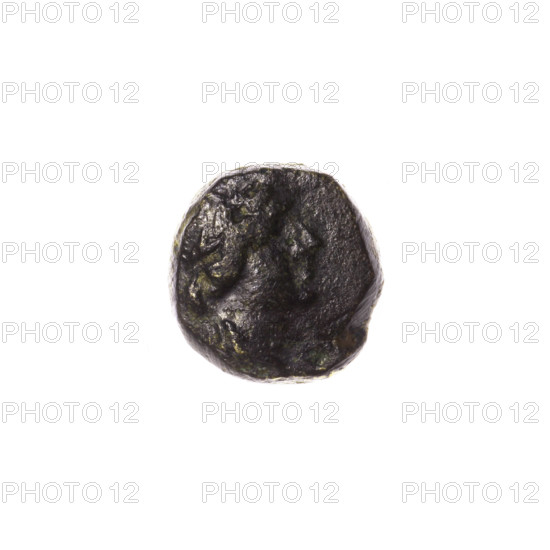bronze coin, Pantikapaion; obverse: head of Apollo to the right; reverse: dolphin to the left, inscription below; iconography: Apollo (mythology), animals; date: 1st half of the 2nd – ca. mid-2nd century BC; place: Cimmerian Bosporus, Pantikapaion; function: coin; weight 2.12 g; axis 180 degrees; dimensions 10.6 mm × 10.3 mm