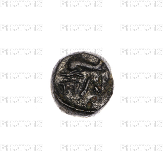 bronze coin, Pantikapaion, dolphins, head of Apollo (iconographic), Black Sea, Apollo (mythology), animals, obv: head of Apollo to the right; obv: dolphin to the left, inscription below; 1st half of the 2nd - ca. mid-2nd century BC, Cimmerian Bosporus, Pantikapaion, coin, weight 2.12 g, axis 180 degrees, dimension 1 10.6 mm, dimension 2 10.3 mm