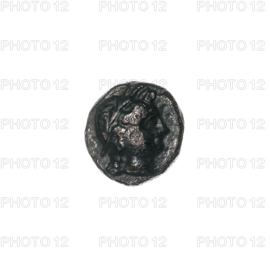 bronze coin, Pantikapaion; head of Apollo to the right; bow horizontally with an arrow below pointing left; inscription at the bottom; 1st half 2nd — ca. half 2nd century BC; Cimmerian Bosporus, Pantikapaion; coin; weight 1.20 g; axis 300°; dimensions 10.3 × 9.7 mm; iconography: Apollo, bow and arrow, weapons.