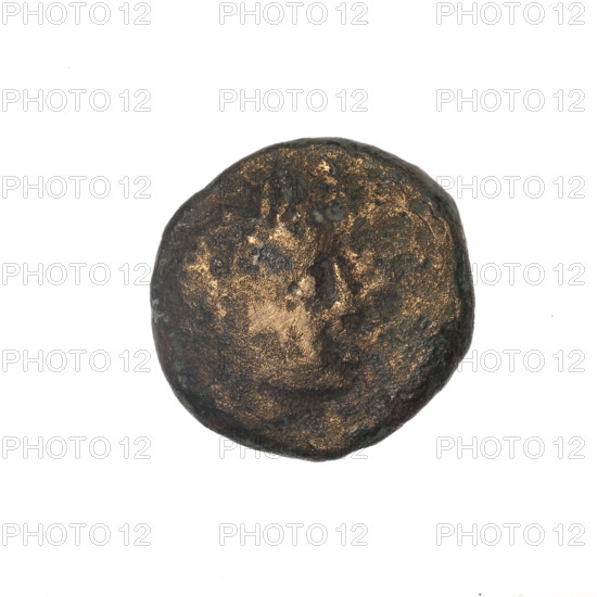 Bronze coin from Pantikapaion depicting head of Apollo with laurel wreath facing right on the obverse; reverse shows bow in gorythos, erased monogram at left, and inscription in two columns. Iconography: bow in quiver, head of Apollo, monograms (erased), bows, weapons, armament, gorythos, quivers. Mythological: Apollo. Dated to the 2nd quarter of the 2nd century BC, Cimmerian Bosporus (Pantikapaion). Weight 5.62 g; diameter ~18.4–18.5 mm.
