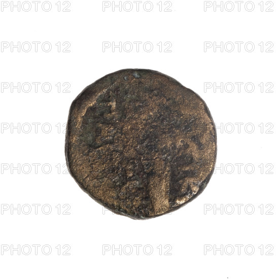 Bronze coin from Pantikapaion; obverse: head of Apollo with laurel wreath facing right; reverse: bow in gorythos, erased monogram on the left, inscription on the sides in two columns. Iconography: bow in quiver, head of Apollo, bows, weapons, armament, gorythos, quivers. Mythological subject: Apollo. Dated 2nd quarter of the 2nd century BC, Cimmerian Bosporus (Pantikapaion). Coin weight 5.62 g; diameters 18.4 mm and 18.5 mm.
