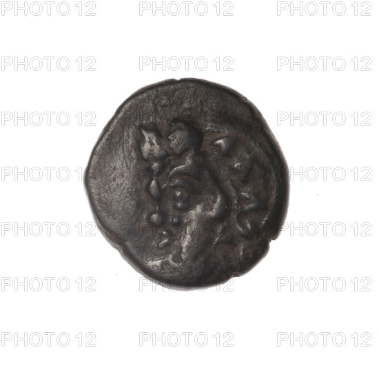 bronze coin, Pantikapaion, Dioscuri caps (iconographic), Satyr's head (iconographic), Black Sea, cornucopia (iconographic), Satyr (mythology), Dioscuri (mythology), ob: head of bearded Satyr in ivy wreath facing left; obverse: cornucopia, Dioscuri caps topped with stars on the sides, inscription below them; 4th quarter of the 2nd century BC, Cimmerian Bosporus, Pantikapaion, coin, weight 4.60 g, axis 330 degrees, dimension 1 17 mm, dimension 2 16.5 mm