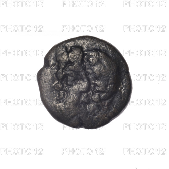Bronze coin from Pantikapaion; obverse: head of bearded Satyr in ivy wreath facing left; reverse: cornucopia, Dioscuri caps topped with stars on the sides, inscription below. Iconography: Dioscuri caps, Satyr's head, cornucopia. Mythology: Satyr, Dioscuri. 4th quarter of the 2nd century BC; Cimmerian Bosporus (Pantikapaion). Weight 4.32 g; diameters 17.5 mm and 18 mm.