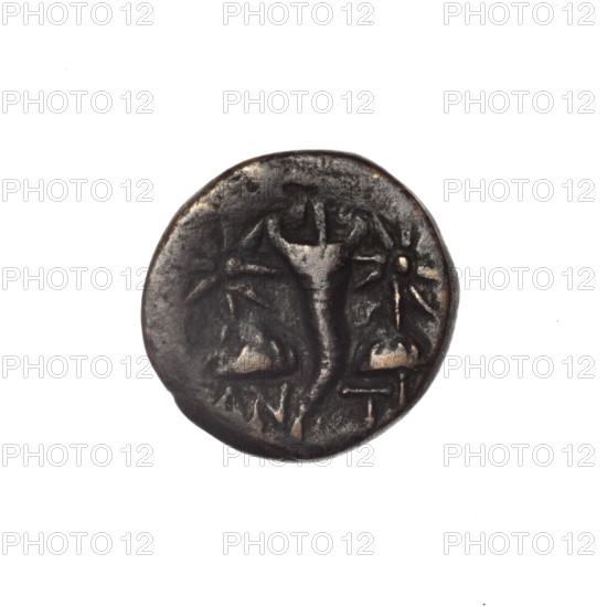 Bronze coin, Pantikapaion; obverse: head of bearded Satyr in ivy wreath facing left; reverse: cornucopia, Dioscuri caps topped with stars on the sides, inscription below them; iconography: Dioscuri caps, Satyr's head, cornucopia; subject: Satyr (mythology), Dioscuri (mythology); date: 4th quarter of the 2nd century BC; region: Cimmerian Bosporus, Pantikapaion; maker/place: Pantikapaion; material: bronze; function: coin; weight: 4.20 g; dimensions: 17.7 mm.