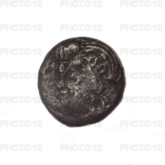 bronze coin, Pantikapaion; iconography: Dioscuri caps, Satyr's head, cornucopia; subject: Satyr (mythology), Dioscuri (mythology); description: obverse—head of bearded Satyr in ivy wreath facing left; reverse—cornucopia, Dioscuri caps topped with stars on the sides, inscription below them; date: 4th quarter of the 2nd century BC; place: Cimmerian Bosporus, Pantikapaion; medium: bronze; type: coin; weight: 4.23 g; dimensions: 17.5 mm × 17.3 mm
