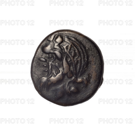 bronze coin, Pantikapaion; obverse: head of bearded Satyr in ivy wreath facing left; reverse: cornucopia, Dioscuri caps topped with stars on the sides, inscription below them; iconography: Dioscuri caps, Satyr's head, cornucopia; subject: Satyr (mythology), Dioscuri (mythology); 4th quarter of the 2nd century BC; Cimmerian Bosporus, Pantikapaion; coin; weight 3.92 g; axis 330°; dimensions 17.4 × 16.7 mm
