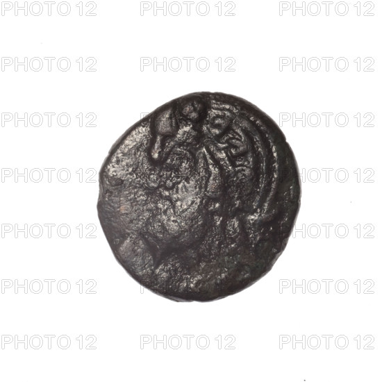 bronze coin, Pantikapaion; iconography: Dioscuri caps, Satyr's head, cornucopia; motifs: Satyr (mythology), Dioscuri (mythology); obverse: head of bearded Satyr in ivy wreath facing left; reverse: cornucopia, Dioscuri caps topped with stars on the sides, inscription below; date: 4th quarter of the 2nd century BC; region: Cimmerian Bosporus, Pantikapaion; function: coin; weight: 3.87 g; dimensions: 18.7 mm × 18.2 mm; maker: Pantikapaion.