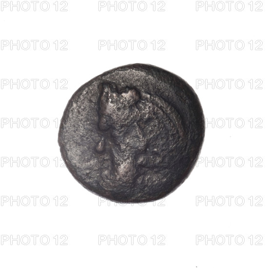 bronze coin, Pantikapaion, Dioscuri caps (iconographic), Satyr's head (iconographic), Black Sea, cornucopia (iconographic), Satyr (mythology), Dioscuri (mythology), aw: head of bearded Satyr in ivy wreath facing left; rw: cornucopia, Dioscuri caps topped with stars on the sides, inscription below them; 4th quarter of the 2nd century BC, Cimmerian Bosporus, Pantikapaion, coin, weight 3.75 g, axis 330 degrees, dimension 1 17.1 mm, dimension 2 18.1 mm