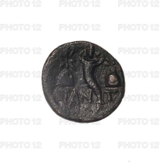 bronze coin, Pantikapaion; Dioscuri caps (iconographic); Satyr's head (iconographic); Black Sea; cornucopia (iconographic); Satyr (mythology); Dioscuri (mythology); aw: head of bearded Satyr in ivy wreath facing left; rw: cornucopia, Dioscuri caps topped with stars on the sides, inscription below them; 4th quarter of the 2nd century BC; Cimmerian Bosporus; Pantikapaion; coin; weight 3.75 g; axis 330 degrees; dimension 1 17.1 mm; dimension 2 18.1 mm