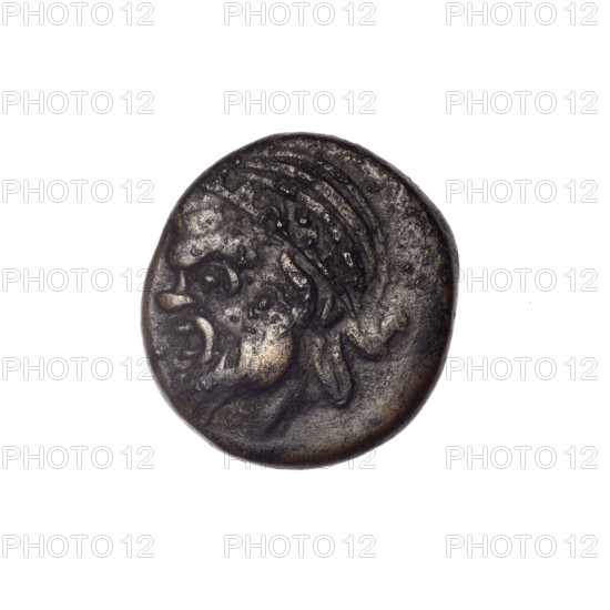 Bronze coin from Pantikapaion depicting the Dioscuri caps (iconographic) and a Satyr's head (iconographic); motifs include Black Sea and cornucopia (iconographic). Obverse: head of a bearded Satyr in an ivy wreath facing left. Reverse: cornucopia, Dioscuri caps topped with stars on the sides, inscription below them. Satyr (mythology); Dioscuri (mythology). 4th quarter of the 2nd century BC, Cimmerian Bosporus, Pantikapaion. Coin; weight 3.92 g; diameters 16.8 mm and 16.2 mm. Maker: Terlecki, Ignatius (1860–1916).