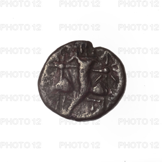 bronze coin, Pantikapaion, Dioscuri caps (iconographic), Satyr's head (iconographic), Black Sea, cornucopia (iconographic), Satyr (mythology), Dioscuri (mythology), aw: head of bearded Satyr in ivy wreath facing left; rw: cornucopia, Dioscuri caps topped with stars on the sides, inscription below them; 4th quarter of the 2nd century BC, Cimmerian Bosporus, Pantikapaion, coin, weight 3.68 g, axis 330 degrees, dimension 1 17 mm, dimension 2 17.8 mm
