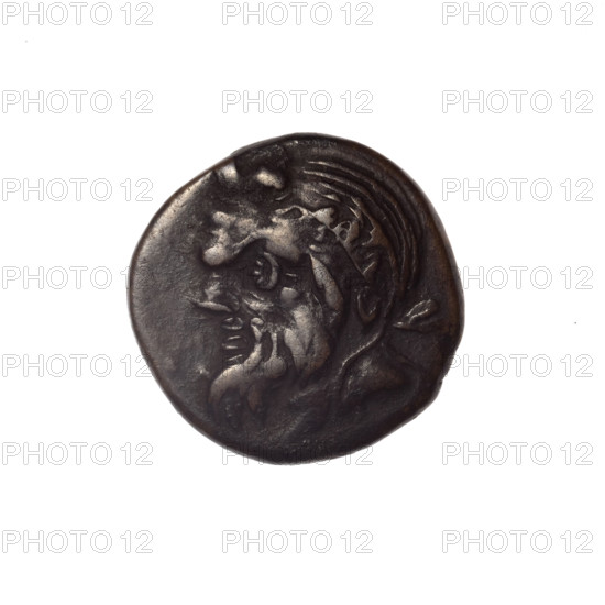 bronze coin, Pantikapaion; iconography: Dioscuri caps, Satyr's head, cornucopia; motifs: Satyr (mythology), Dioscuri (mythology); obverse: head of bearded Satyr in ivy wreath facing left; reverse: cornucopia, Dioscuri caps topped with stars on the sides, inscription below them; 4th quarter of the 2nd century BC; Cimmerian Bosporus, Pantikapaion; coin; weight 3.57 g; axis 330°; dimensions 16.4 × 16.6 mm