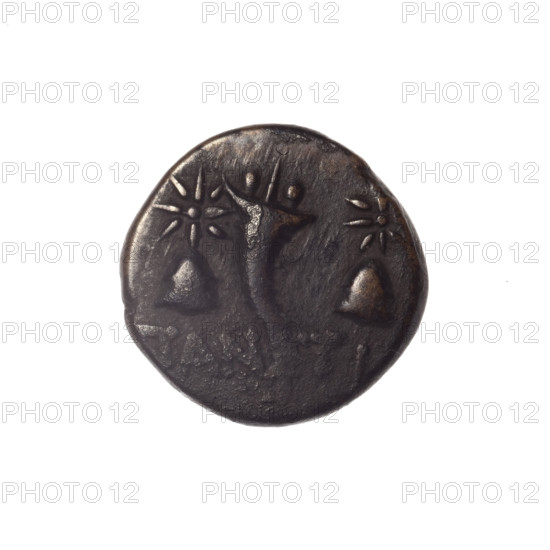 bronze coin, Pantikapaion, Dioscuri caps (iconographic), Satyr's head (iconographic), Black Sea, cornucopia (iconographic), Satyr (mythology), Dioscuri (mythology), ob: head of bearded Satyr in ivy wreath facing left; obverse: cornucopia, Dioscuri caps topped with stars on the sides, inscription below them; 4th quarter of the 2nd century BC, Cimmerian Bosporus, Pantikapaion, coin, weight 3.57 g, axis 330 degrees, dimension 1 16.4 mm, dimension 2 16.6 mm