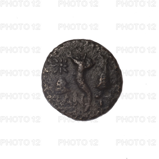 Bronze coin, Pantikapaion; obverse: head of a bearded Satyr in an ivy wreath facing left; reverse: cornucopia, flanked by Dioscuri caps topped with stars, an inscription below; iconography: Satyr, Dioscuri, cornucopia; 4th quarter of the 2nd century BC; Cimmerian Bosporus, Pantikapaion; coin; weight 3.42 g; axis 330°; dimensions 17.1 × 17.7 mm; maker: Pantikapaion.