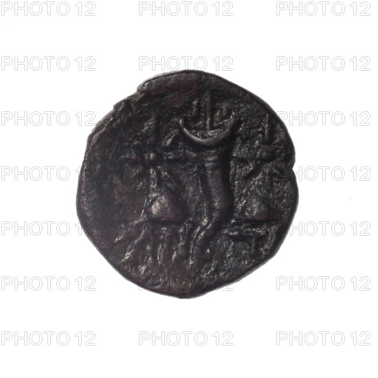 bronze coin, Pantikapaion; head of Satyr (iconographic); Dioscuri caps (iconographic); Black Sea; cornucopia (iconographic); Satyr (mythology); Dioscuri (mythology); obv: head of bearded Satyr in ivy wreath facing left; obv: cornucopia, on the sides Dioscuri caps topped with stars, inscription below them; 4th quarter of the 2nd century BC; Cimmerian Bosporus; Pantikapaion; coin; weight 3.35 g; dimensions 18.2 × 17.7 mm