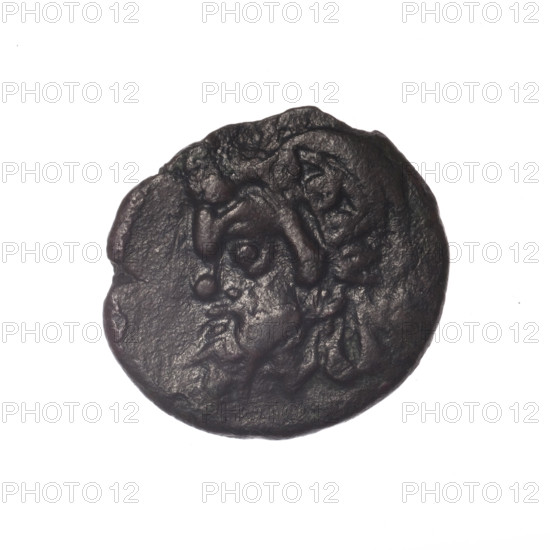 Bronze coin, Pantikapaion; obverse: head of a bearded Satyr in an ivy wreath to the left; reverse: cornucopia, Dioscuri caps topped with stars on the sides, inscription below them; iconography: Dioscuri caps, Satyr's head, cornucopia; mythology: Satyr, Dioscuri; 4th quarter of the 2nd century BC; Cimmerian Bosporus, Pantikapaion; coin; weight 3.30 g; dimensions 17.6 × 19.6 mm; maker: Terlecki, Ignatius (1860–1916).