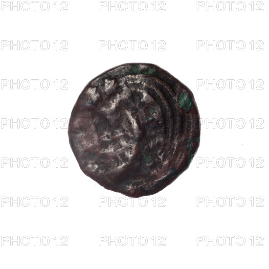 Bronze coin, Pantikapaion; obverse: head of a bearded Satyr in an ivy wreath facing left; reverse: cornucopia with Dioscuri caps topped with stars on the sides, inscription below; iconography: Dioscuri caps, Satyr's head, cornucopia; mythology: Satyr, Dioscuri; 4th quarter of the 2nd century BC; Cimmerian Bosporus, Pantikapaion; coin; weight 2.59 g; diameter 16.6 mm.