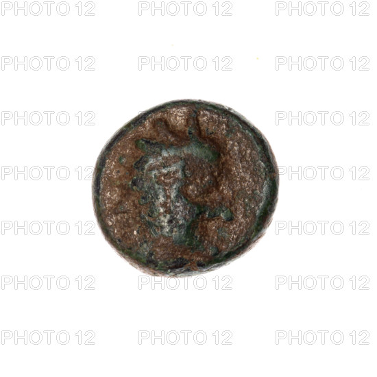 bronze coin, Pantikapaion, Dioscuri caps (iconographic), Satyr's head (iconographic), Black Sea, Satyr (mythology), Dioscuri (mythology), obverse: head of a beardless Satyr in a willow wreath facing right; reverse: two Dioscuri caps topped with stars, inscription below them; 4th quarter of the 2nd century BC, Cimmerian Bosporus, Pantikapaion, coin, weight 2.95 g, axis 30 degrees, diameter 13.7 mm x 13.6 mm