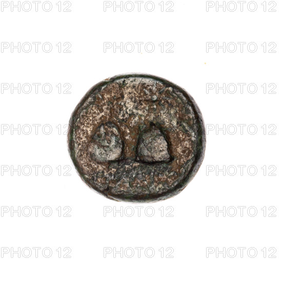 Bronze coin, Pantikapaion; obverse: head of a beardless Satyr in a willow wreath facing right; reverse: two Dioscuri caps topped with stars, inscription below them; iconography: Satyr's head, Dioscuri caps; mythology: Satyr, Dioscuri; Black Sea, Cimmerian Bosporus, Pantikapaion; 4th quarter of the 2nd century BC; coin; weight 2.95 g; axis 30°; dimensions 13.7 × 13.6 mm.