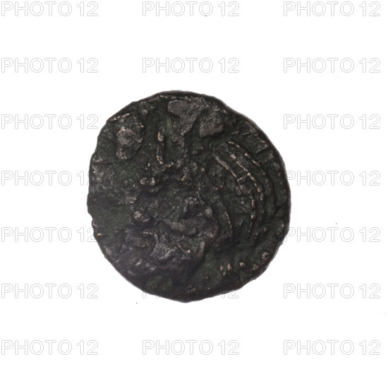 Bronze coin, Pantikapaion; obverse: head of a bearded Satyr in an ivy wreath facing left; reverse: cornucopia flanked by Dioscuri caps topped with stars, inscription below. Iconography: Dioscuri caps, Satyr's head, cornucopia. Mythology: Satyr, Dioscuri. 4th quarter of the 2nd century BC; Cimmerian Bosporus (Pantikapaion). Weight 2.63 g; axis 330°; diameter 17.1 × 16.3 mm.