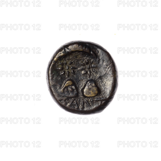 bronze coin, Pantikapaion, Dioscuri caps (iconographic), Satyr's head (iconographic), Black Sea, Satyr (mythology), Dioscuri (mythology), quivers (armed); obverse: head of a beardless Satyr in a willow wreath facing right; reverse: two Dioscuri caps topped with stars, inscription below them; 4th quarter of the 2nd century BC, Cimmerian Bosporus, Pantikapaion; coin, weight 2.52 g, axis 330°, dimensions 12.7 mm × 12.5 mm