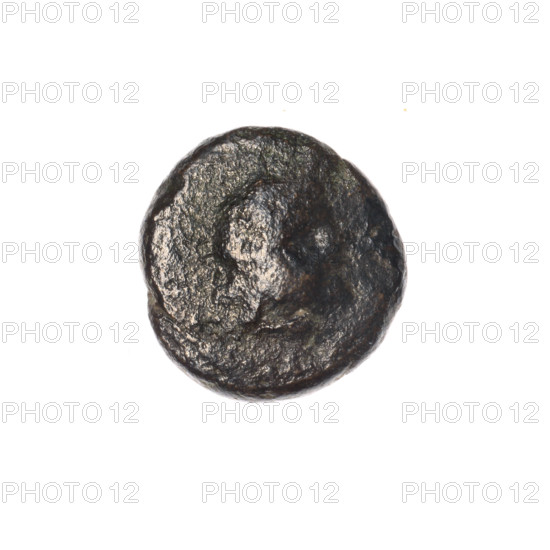 bronze coin, Pantikapaion, Dioscuri caps (iconographic), Satyr's head (iconographic), Black Sea, Satyr (mythology), Dioscuri (mythology), aw: head of a beardless Satyr in a willow wreath facing right; rw: two Dioscuri caps topped with stars, inscription below them; 4th quarter of the 2nd century BC, Cimmerian Bosporus, Pantikapaion, coin, weight 2.33 g, 60 degree axis, dimension 1 13.8 mm, dimension 2 13.5 mm