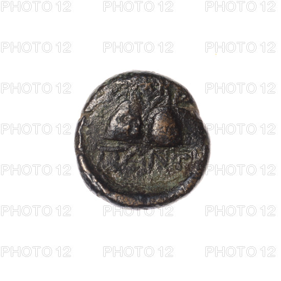bronze coin, Pantikapaion, Dioscuri caps (iconographic), Satyr's head (iconographic), Black Sea, Satyr (mythology), Dioscuri (mythology), aw: head of a beardless Satyr in a willow wreath facing right; rw: two Dioscuri caps topped with stars, inscription below them; 4th quarter of the 2nd century BC, Cimmerian Bosporus, Pantikapaion, coin, weight 2.33 g, 60 degree axis, dimension 1 13.8 mm, dimension 2 13.5 mm