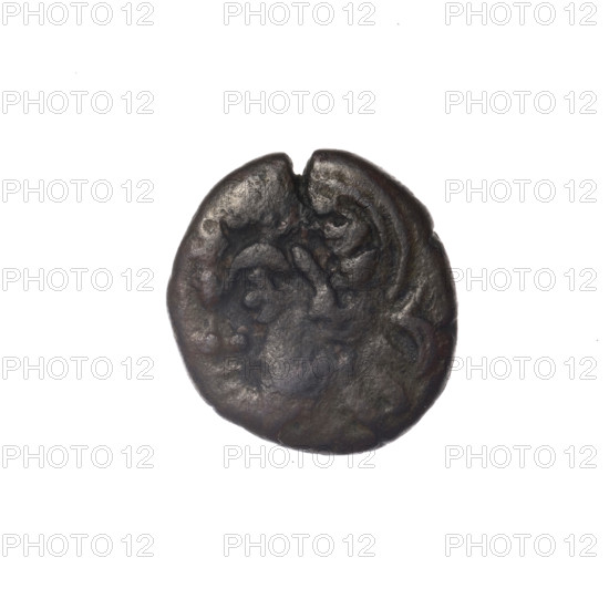 Bronze coin, Pantikapaion. Obverse: head of bearded Satyr in ivy wreath facing left. Reverse: cornucopia, Dioscuri caps topped with stars on the sides, inscription below them. Iconography: Dioscuri caps; Satyr's head; cornucopia. Subject/mythology: Satyr; Dioscuri. Date: 4th quarter of the 2nd century BC. Region: Cimmerian Bosporus, Pantikapaion. Maker/attribution: Pantikapaion. Function: coin. Weight: 2.95 g. Dimensions: 16.6 × 15.2 mm.