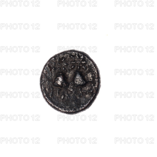 bronze coin, Pantikapaion; head of Satyr (iconographic); Dioscuri caps (iconographic); Black Sea; Satyr (mythology); Dioscuri (mythology); quivers (armed); obv: head of beardless Satyr in a willow wreath facing right; rw: two Dioscuri caps topped with stars, inscription below them; 4th quarter of the 2nd century BC; Cimmerian Bosporus; Pantikapaion; coin; weight 1.85 g; axis 90°; dimension 1 12.3 mm; dimension 2 13 mm