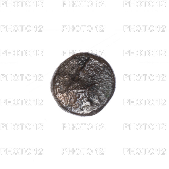bronze coin, Pantikapaion; prora (iconographic); head of Athena (iconographic); Black Sea; Athena (mythology); ships; head of Athena in a Corinthian helmet facing right; inscription below: prora facing right, inscription at the bottom; ca. 110 BC; Cimmerian Bosporus; Pantikapaion; coin; weight 2.90 g; dimensions 13 mm