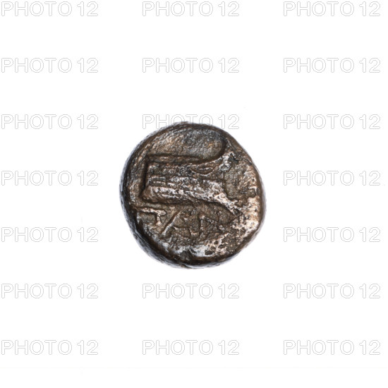 bronze coin, Pantikapaion, prora (iconographic), head of Athena (iconographic), Black Sea, Athena (mythology), ships; head of Athena in a Corinthian helmet facing right; inscription below: prora facing right, inscription at the bottom; ca. 110 BC, Cimmerian Bosporus, Pantikapaion; coin; weight 2.90 g; dimensions 13 mm.