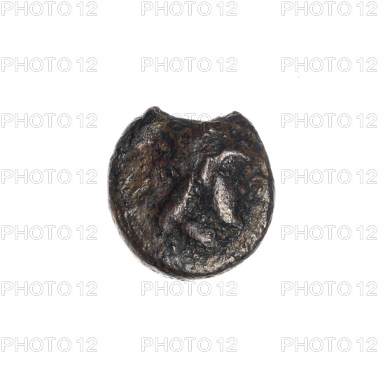 bronze coin, Pantikapaion; iconography: Dioscuri caps, Satyr's head; motifs: Satyr (mythology), Dioscuri (mythology); description: obverse—head of a beardless Satyr in a willow wreath facing right; reverse—two Dioscuri caps topped with stars, inscription below; date: 4th quarter of the 2nd century BC; region: Cimmerian Bosporus (Pantikapaion); object type: coin; weight: 1.70 g; dimensions: 12.7 mm and 12.5 mm; maker: Choynowski, Józef (1833–ca.1915)