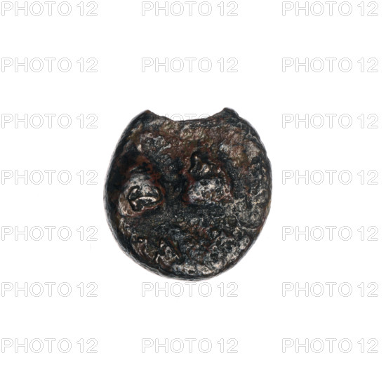 bronze coin, Pantikapaion; obverse: head of a beardless Satyr in a willow wreath facing right; reverse: two Dioscuri caps topped with stars, inscription below them; iconography: Satyr's head, Dioscuri caps; Satyr (mythology), Dioscuri (mythology); Black Sea; Cimmerian Bosporus, Pantikapaion; 4th quarter of the 2nd century BC; coin; weight 1.70 g; dimensions 12.7 × 12.5 mm; maker/engraver: Choynowski, Józef (1833–ca.1915)