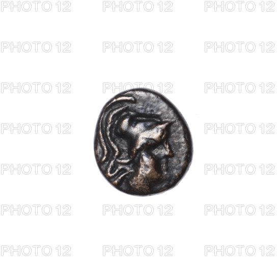 bronze coin, Pantikapaion, prora (iconographic), head of Athena (iconographic), Athena (mythology), ships; obverse: head of Athena in a Corinthian helmet facing right; reverse: prora facing right, inscription at the bottom; ca. 110 BC, Cimmerian Bosporus, Pantikapaion; coin; weight 1.93 g; dimensions: 13.3 mm × 12.2 mm