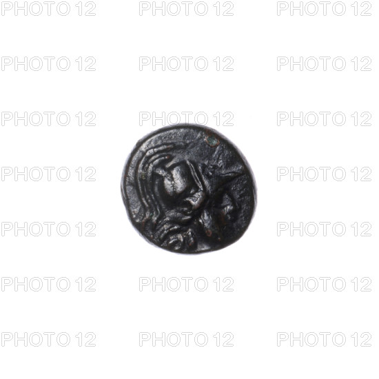 bronze coin, Pantikapaion; obverse: head of Athena in a Corinthian helmet facing right; reverse: prora (ship prow) facing right, inscription at the bottom; iconography: head of Athena, ships/vessels, quivers (armed); ca. 110 BC; Cimmerian Bosporus, Pantikapaion; maker: unknown; material: bronze; type: coin; weight 2.04 g; dimensions 11.8 mm and 12.3 mm.