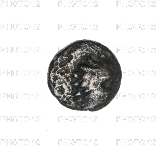 bronze coin, Pantikapaion, Dioscuri caps (iconographic), Satyr's head (iconographic), Black Sea, Satyr (mythology), Dioscuri (mythology), aw: head of a beardless Satyr in a willow wreath facing right; rw: two Dioscuri caps topped with stars, inscription below them; 4th quarter of the 2nd century BC, Cimmerian Bosporus, Pantikapaion, coin, weight 1.45 g, 30 degree axis, dimension 1 12.6 mm, dimension 2 12.9 mm