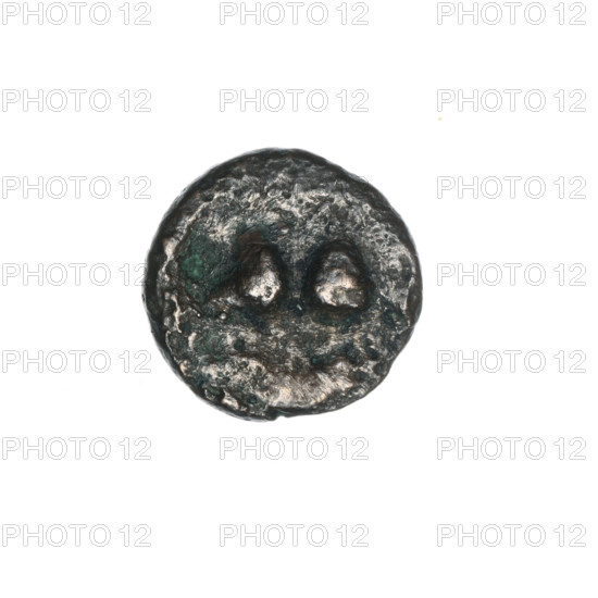 bronze coin, Pantikapaion; iconography: Dioscuri caps, Satyr's head; regions: Black Sea, Cimmerian Bosporus; subject: Satyr (mythology), Dioscuri (mythology); description: obverse: head of a beardless Satyr in a willow wreath facing right; reverse: two Dioscuri caps topped with stars, inscription below them; date: 4th quarter of the 2nd century BC; place: Pantikapaion; object type: coin; weight: 1.45 g; axis: 30 degrees; dimensions: 12.6 mm × 12.9 mm.