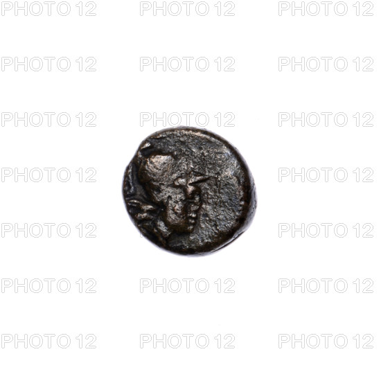 bronze coin, Pantikapaion; obverse: head of Athena in a Corinthian helmet facing right; reverse: prora (ship prow) facing right, inscription at the bottom; iconography: Athena, prora, ships, vessels, quivers (armed); ca. 110 BC; Cimmerian Bosporus (Pantikapaion); coin; weight 1.99 g; axis 30°; dimensions 11.6 × 12.1 mm