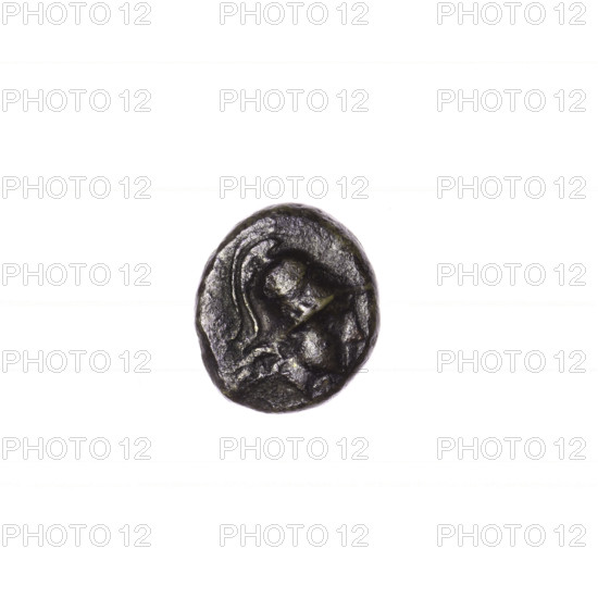 bronze coin, Pantikapaion, prora (iconographic), head of Athena (iconographic), Black Sea, Athena (mythology), ships; head of Athena in a Corinthian helmet facing right; prora (ship) facing right; inscription at the bottom; ca. 110 BC, Cimmerian Bosporus, Pantikapaion; coin, weight 1.57 g, axis 30 degrees, dimension 1 12.1 mm, dimension 2 10.7 mm