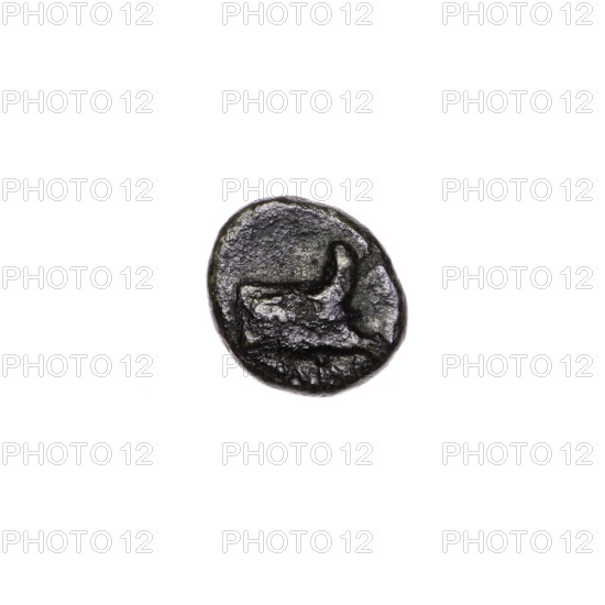 bronze coin, Pantikapaion, prora (iconographic), head of Athena (iconographic), Black Sea, Athena (mythology), ships; head of Athena in a Corinthian helmet facing right; inscription at the bottom: prora facing right, inscription at the bottom; ca. 110 BC, Cimmerian Bosporus, Pantikapaion, coin; weight 1.57 g; axis 30 degrees; dimensions: 12.1 mm × 10.7 mm