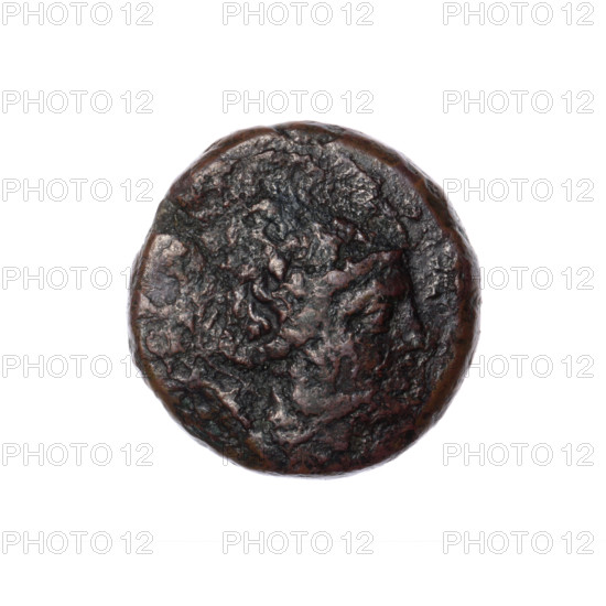 bronze coin, Pantikapaion; aw: bust of Artemis with bow and quiver on shoulder facing right; rw: deer with antlers lying to the left, inscription in two rows at the bottom; animals; Artemis (mythology); beginning of the 1st century BC; Cimmerian Bosporus, Pantikapaion; coin; weight 7.04 g; diameter 20.5 mm / 20.4 mm