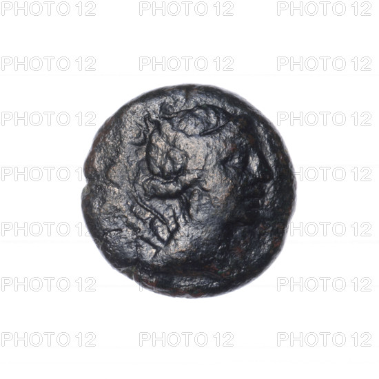 Bronze coin, Pantikapaion; obverse: bust of Artemis with bow and quiver on shoulder facing right; reverse: deer with antlers lying to the left, inscription in two rows at the bottom. Beginning of the 1st century BC; Cimmerian Bosporus, Pantikapaion. Coin; weight 5.86 g; diameter 19.2 mm.