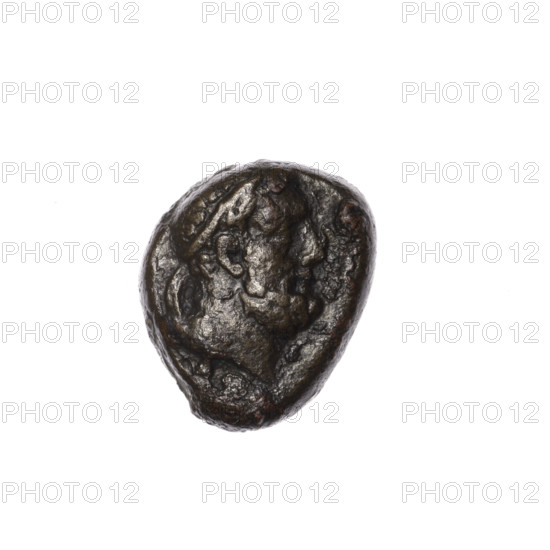 Bronze coin, Pantikapaion; obverse: head of Heracles in a diadem facing right; reverse: club vertically with lion skin on it, inscription in two columns on the sides; iconography: Heracles (mythology), lion skin, clubs, weaponry; end of 1st century BC; Cimmerian Bosporus, Pantikapaion; coin; weight 5.15 g; dimensions 17.3 mm × 14.1 mm.