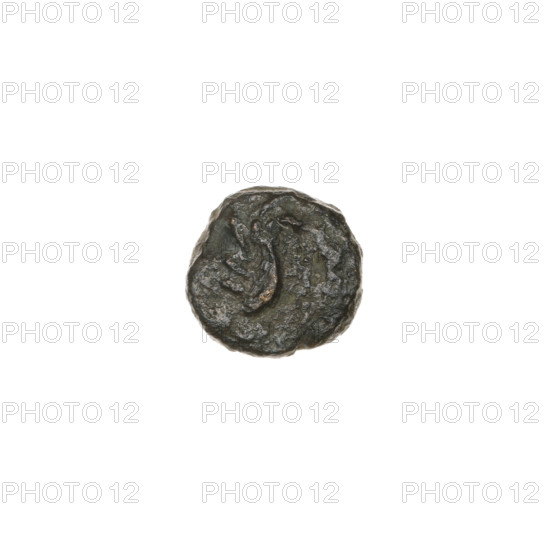 Bronze coin from Pantikapaion, end of 3rd century BC. Obverse: wing vertically. Reverse: tripod, inscription on the left. Cimmerian Bosporus, coin, weight 0.82 g, axis 240 degrees, dimensions 1: 9 mm, 2: 9.1 mm.