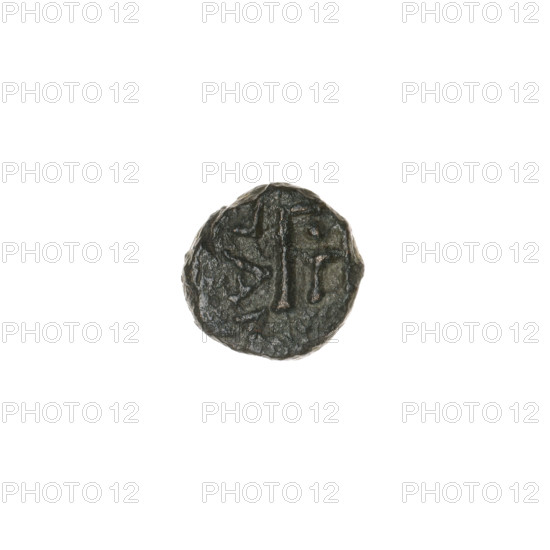 bronze coin, Pantikapaion, wings, tripod (iconographic), aw: wing vertically; rw: tripod, inscription on the left; end of 3rd century BC, Cimmerian Bosporus, Pantikapaion, coin, weight 0.82 g, axis 240 degrees, dimension 1 9 mm, dimension 2 9.1 mm
