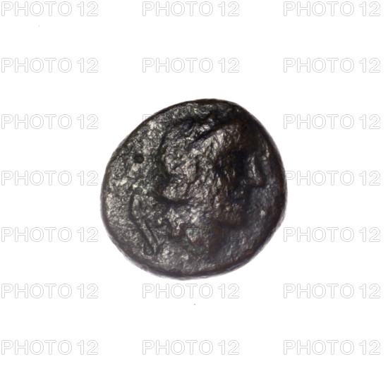 Bronze coin, Pantikapaion; obv: head of Apollo right; reverse: laurel wreath, inscription below; iconography: head of Apollo, laurel wreath; date: 1st half of the 2nd – ca. mid-2nd century BC; region: Cimmerian Bosporus, Black Sea; maker/place: Pantikapaion; material: bronze; weight: 2.00 g; axis: 60°; dimensions: 12.8 mm × 12.5 mm; Apollo (mythology).